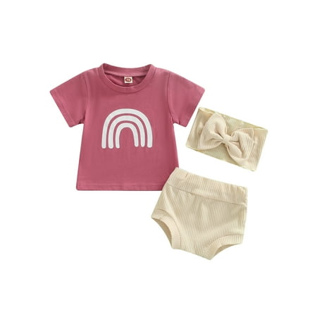 

wybzd Infant Baby Girl Clothes Rainbow Printed Short Sleeve T-Shirts Ribbed Shorts Headband Outfits Bean Pink 18-24 Months