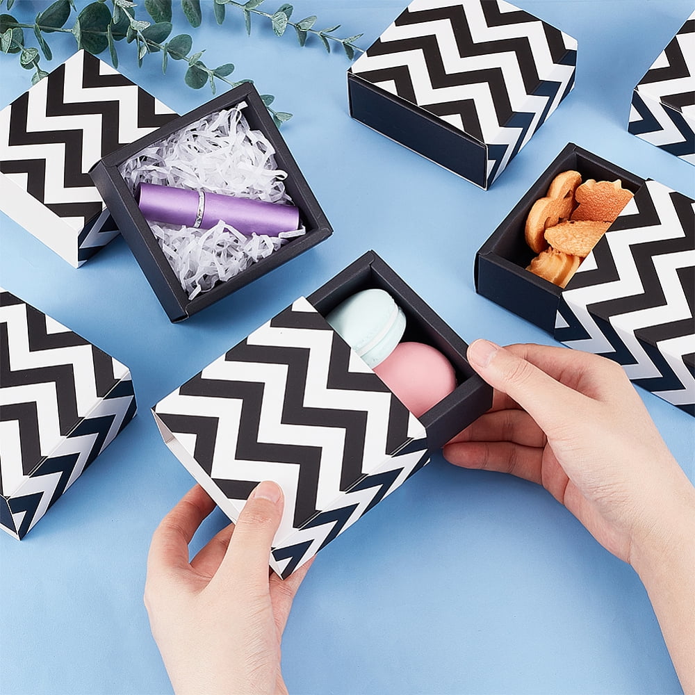 Square Folding Cardboard Small Cake Drawer Box Mooncake Wrapping Box Black White Wave Pattern Finish Product: 9x9x4cm(without Ribbon)