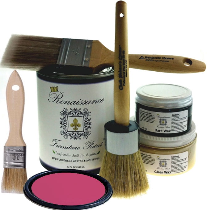 Renaissance Chalk Furniture Paint Deluxe Starter Kit Cerise 32oz Paint/13oz Clear Wax/4oz