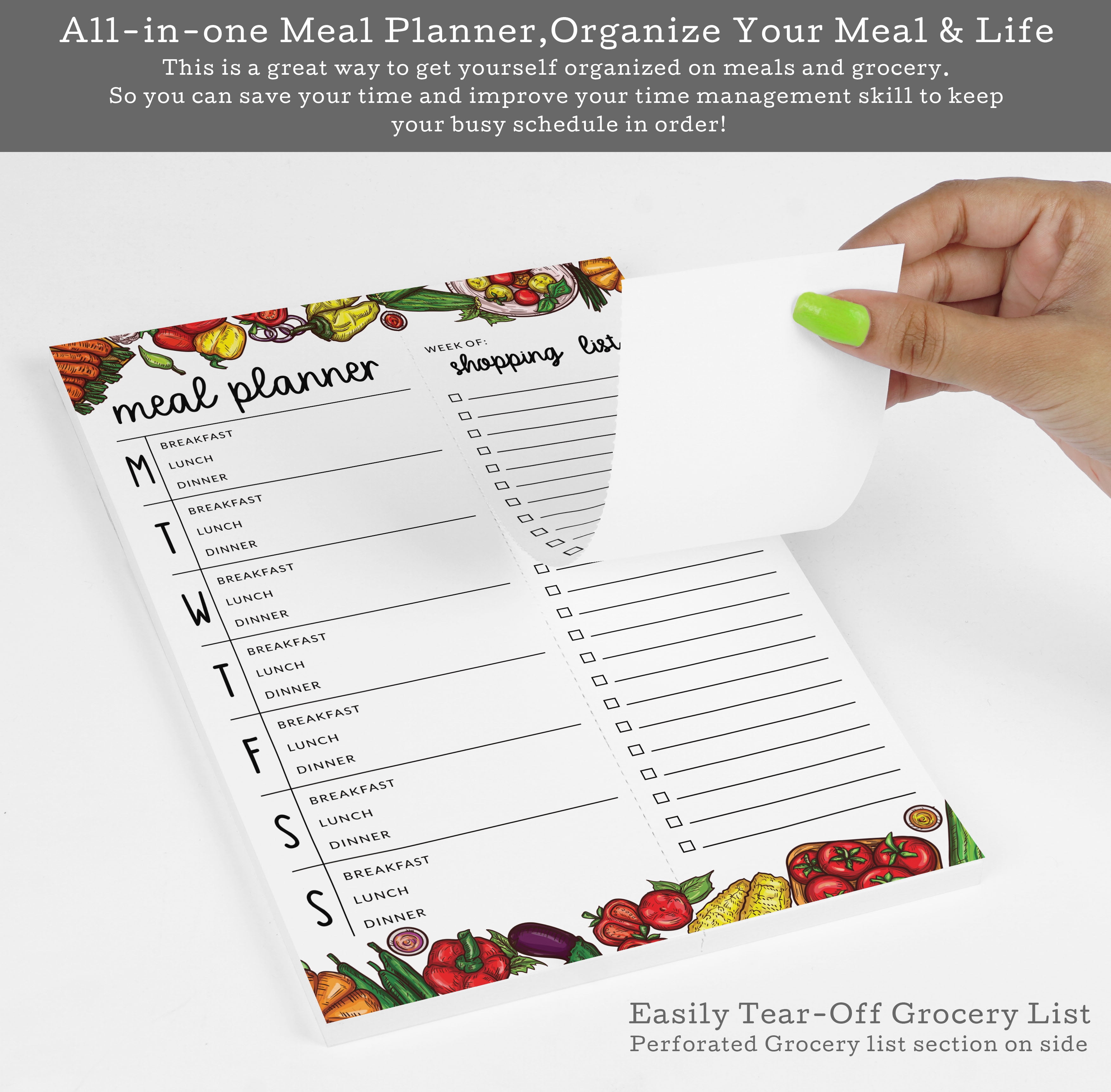 Inkdotpot Weekly Meal Planner Notepad 7"x10 , "Meal Planner" Magnetic Meal Planning Pad with Tear Off Grocery Shopping List for Fridge- Kitchen & Home - 54 Sheets -AS