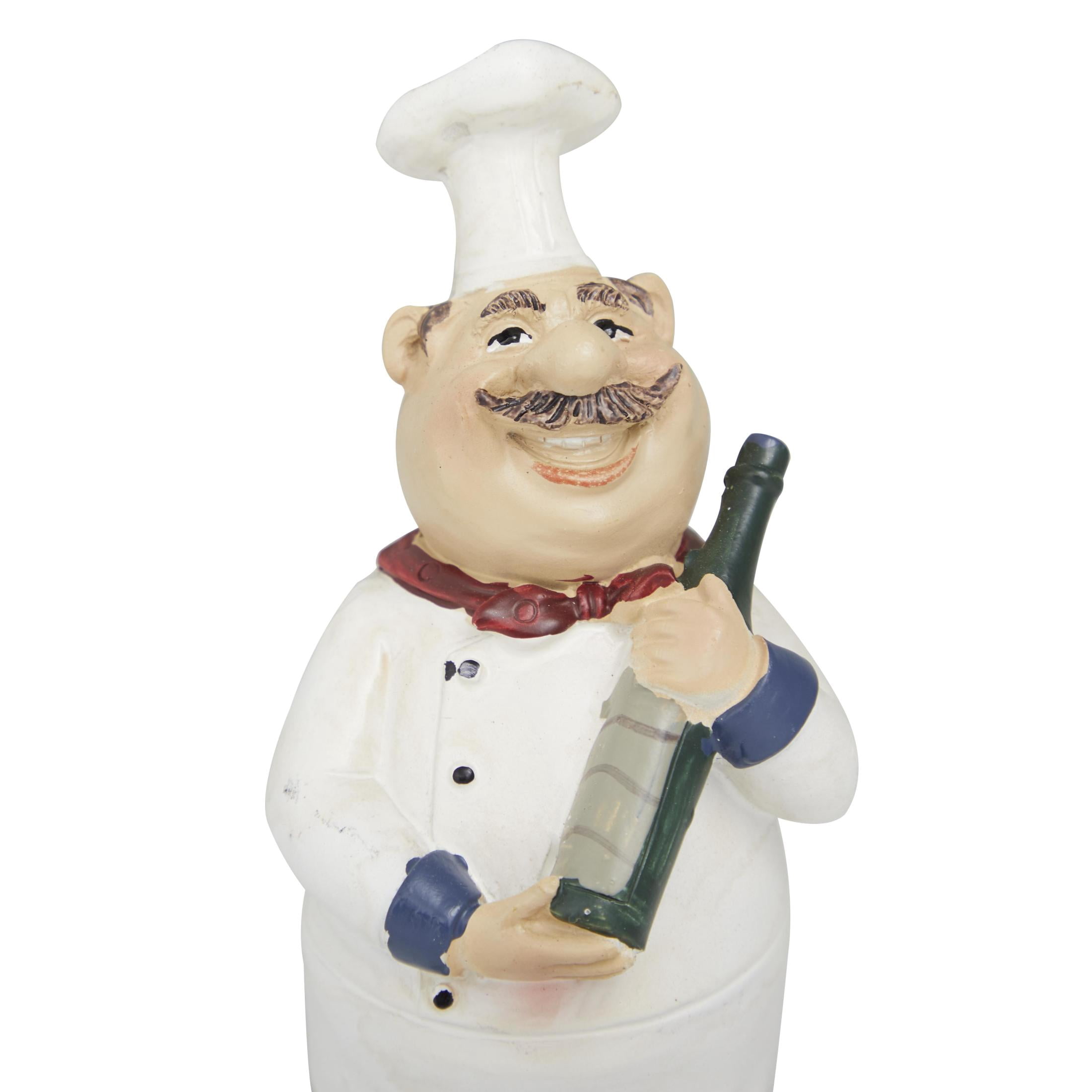 DecMode Polystone Traditional Small-Sized Italian Chef Sculptures 3"W x 5"H, Features a White Chef on a top of a Mason Jar Platform and Two Chefs Hugging Wine Bottles