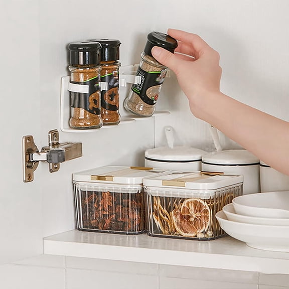 Wall Mounted Adhesive Kitchen Storage Rack, Plastic Seasoning Organizer Rack, Cabinet Door Storage Shelf with Hooks, No Drill Wall Mount Storage for Spices Utensils Kitchen Items, 9.2*2.8*2in, While
