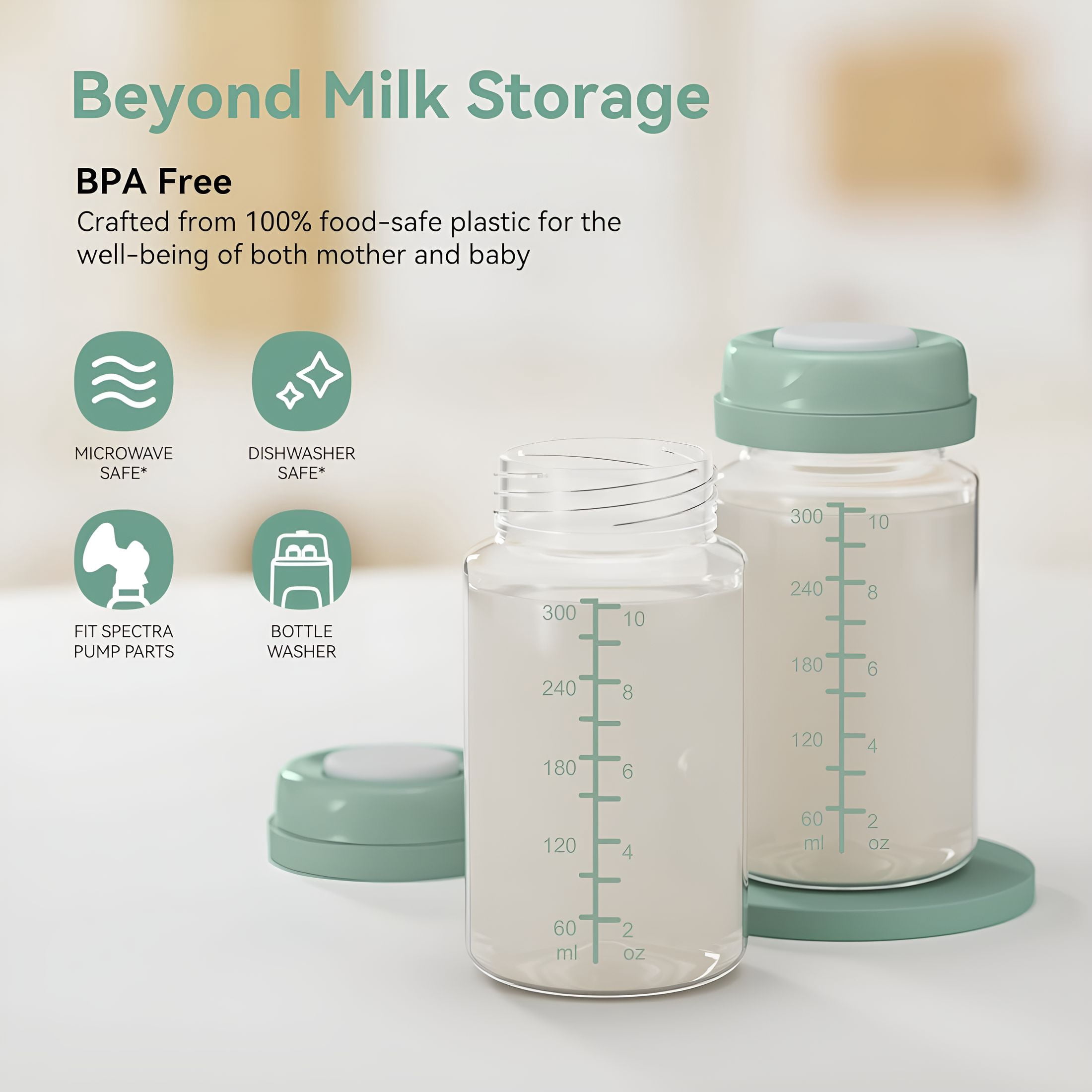 XIRQI 2026 New 10Oz Breast Milk Storage Bottle,Collection Bottle Container for Fridge,Pumping Bottles Compatible with Wide Neck Flange for Home,Daycare,Travel,Hospital,4Pcs