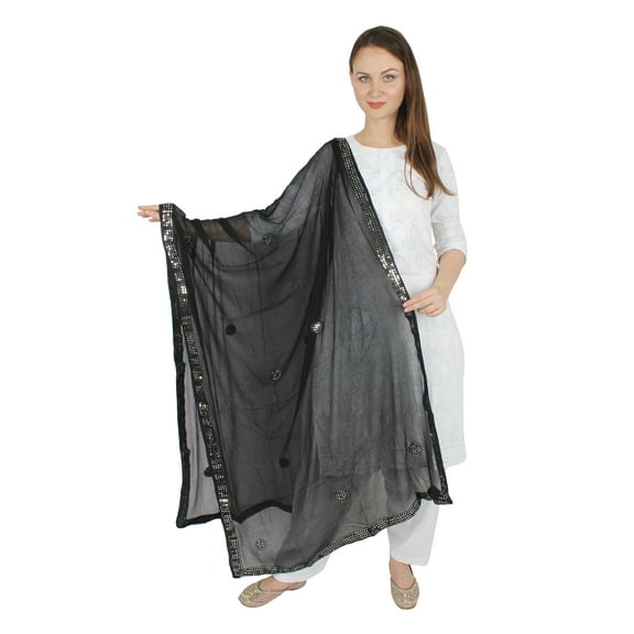 Black Women Chiffon Dupatta Casual Wear Dupatta With Lace Scarf Dupatta