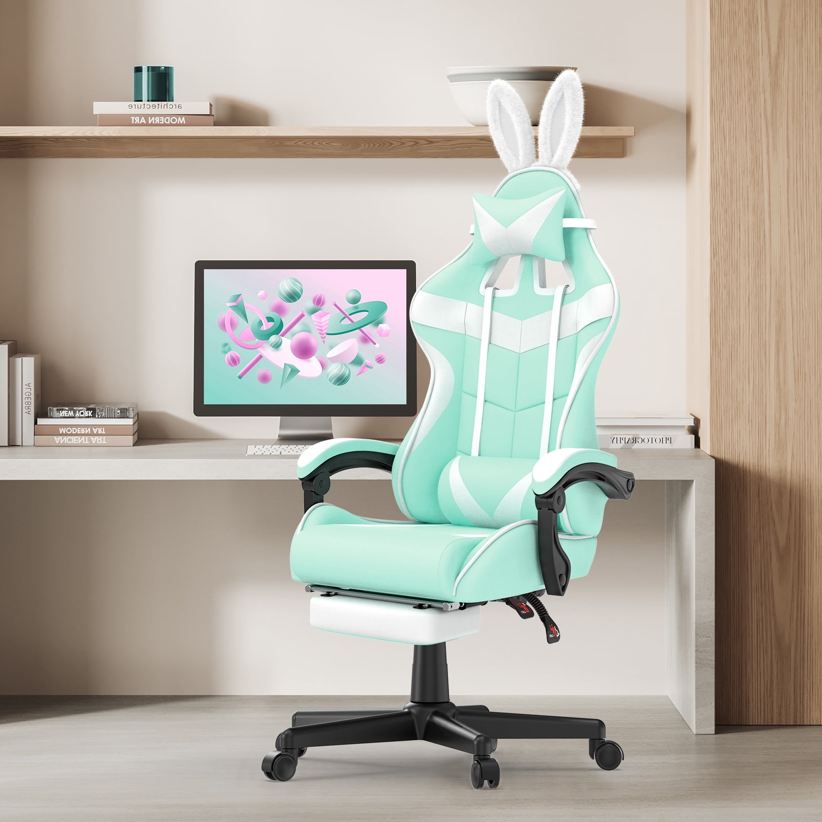 SOONTRANS Purple Gaming Chair with Footrest, Lovely Cute Bunny Ear Game Gamer Computer Chair with Massage Lumbar Support Headrest, Kawaii Desk Chair Chairs for Granddaughter,Sister,Girlfriend