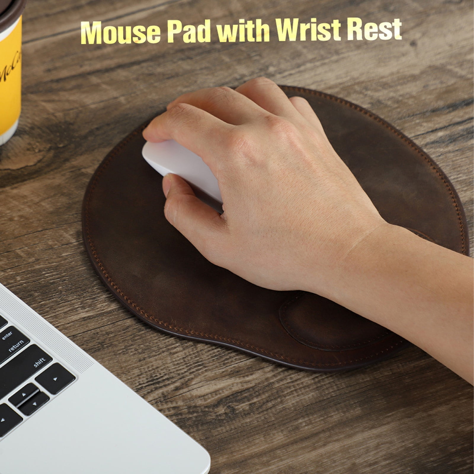 Ergonomic Mouse Pad with Wrist Rest - Premium Crazy Horse Leather Coffee Color - Gel-Filled Cushion, Non-Slip Microfiber Base, Comfortable Office & Home Desk Accessory (9.4" x 8.7")