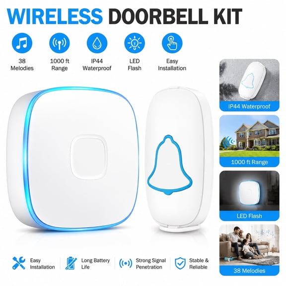 USTOP Wireless Doorbell for Home - Waterproof Outdoor Battery Operate Doorbell Chime with 38 Melodies, LED Flash, 1000 ft Range, Easy Installation (1 Push Button   1 Receiver), Ideal for Home, Office