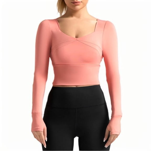 ZQUUVOU Women's Athletic Workout Tops Long Sleeve Round Neck Moisture Wicking Stretchy Shirts for Yoga Gym Pink