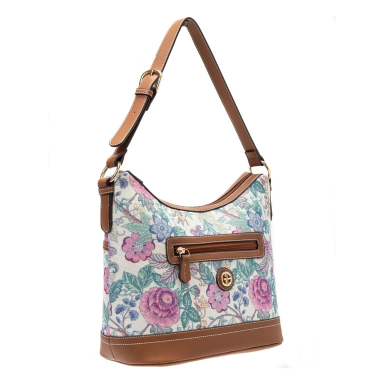 GIANI BERNINI Women's Beige Mother Floral Polyester Logo Hardware  Adjustable Strap Hobo Handbag Purse