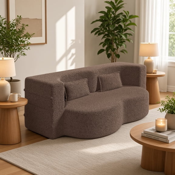 Modern Floor Sofa, Convertible Sleeper Sofa Bed with 2 Pillows, Sherpa Fleece Folding Mattress Couch, Full Size Futon for Living Room Guest Bed Playroom Dorm, Brown