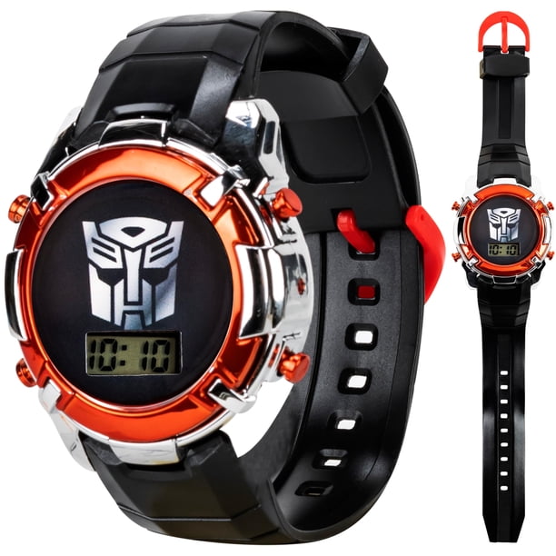 Accutime Transformers Reloj digital LCD para niños – Diseño icónico de Autobot, luces LED intermitentes, correa duradera negra y roja, viene en caja de lata coleccionable