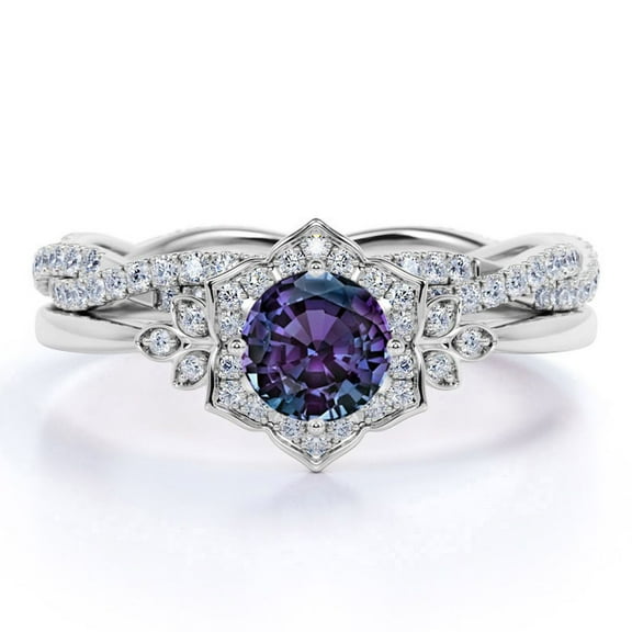 JeenMata 1.75 Carat Round Cut Lab Created Alexandrite and Moissanite Petal Frame Wedding Ring Set - Infinity Twist Wedding Band - 18k White Gold over Silver