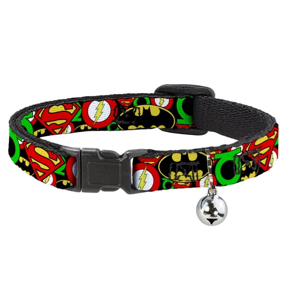 DC Comics Breakaway Cat Collar With Bell, Plastic Clip, Easy Adjustable, Justice League Stacked Logos, 8.5 to 12 Inches 0.5 Inch Wide