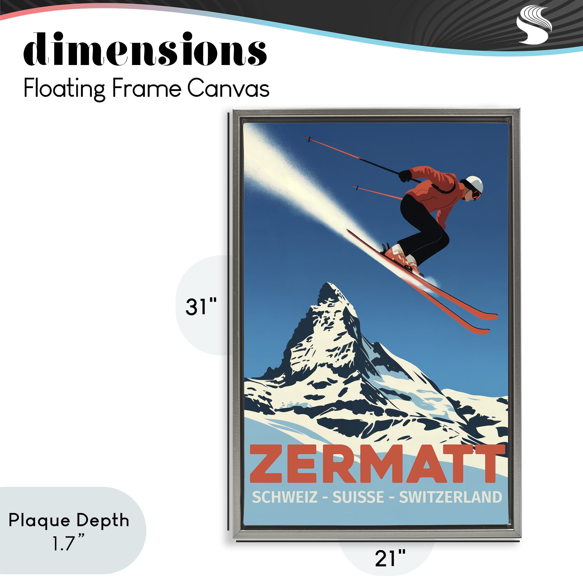 Stupell Industries Zermatt Ski Poster Gray Framed Floater Canvas Wall Art, design by Andreas Magnusson