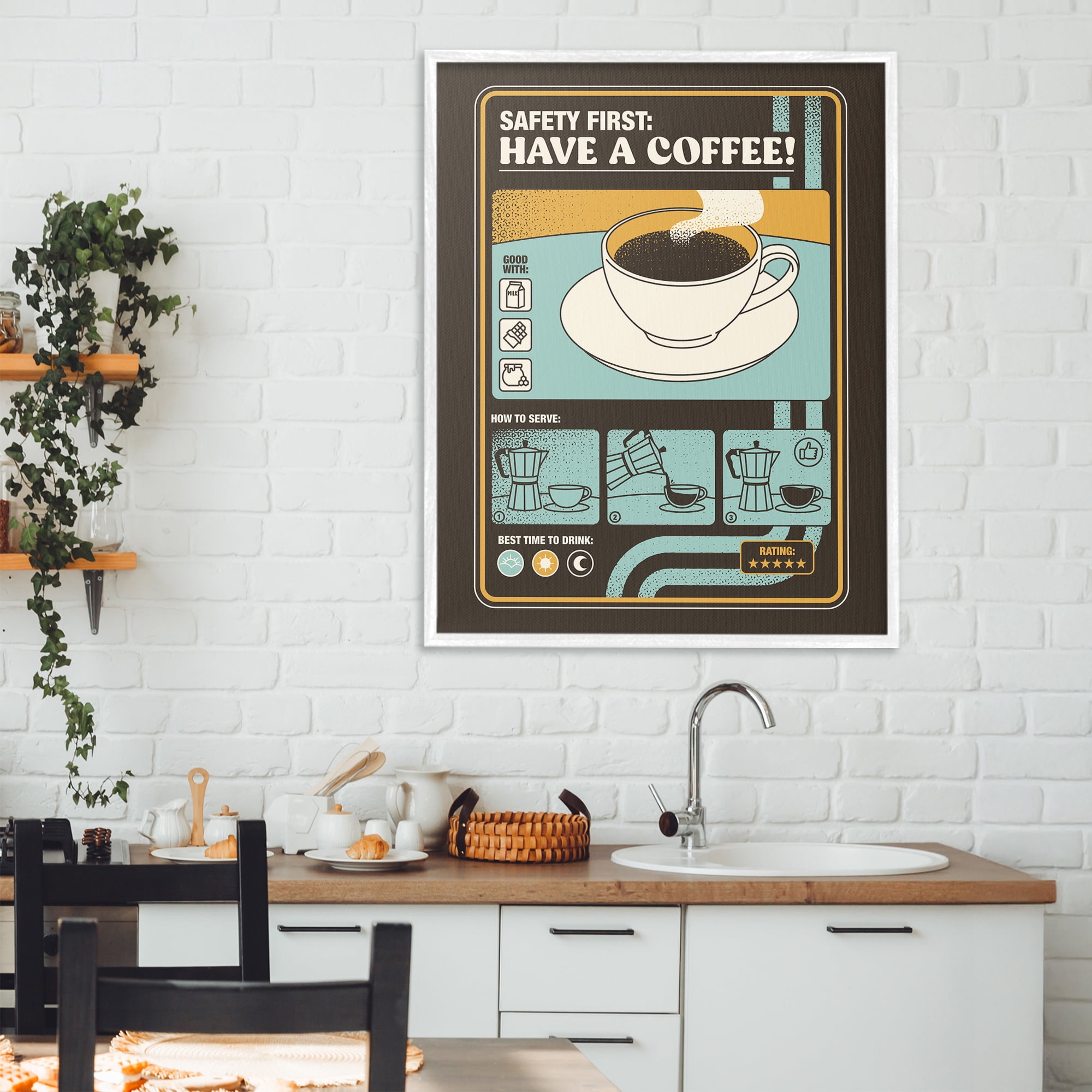 Stupell Industries Safety First Have A Coffee White Framed Giclee Art, design by Tobe Fonseca