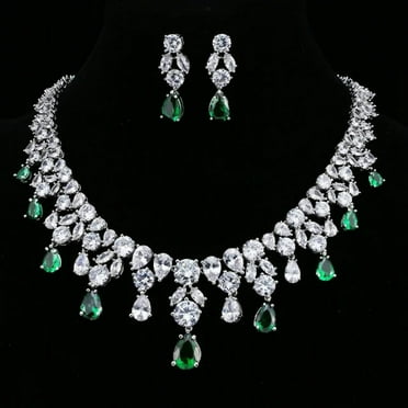 AAA CZ Luxury Emerald Green Bridal Wedding Elegant Women Necklace and Earrings Stunning Jewelry Set