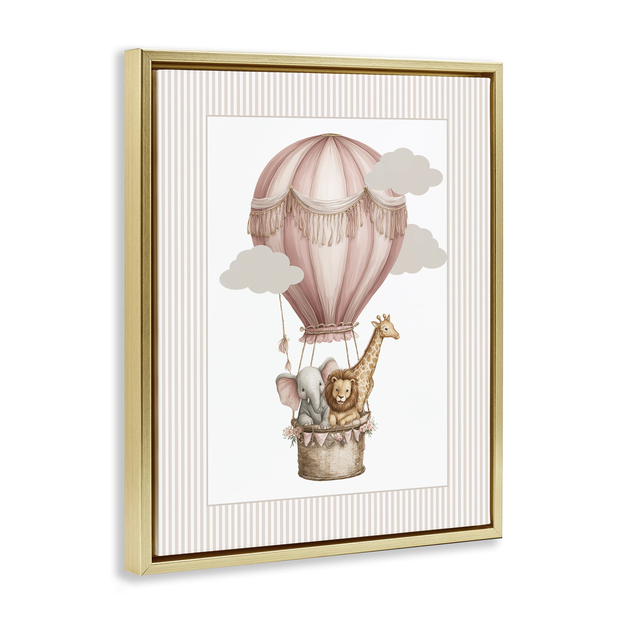 Stupell Industries Hot Air Balloon Animals Pink Gold Framed Floater Canvas Wall Art, design by Christine Simpson Art