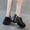 Black, variant on Lufly Lady Style Slope Heeled Casual Shoes Hollow Out Breathable Thick Heeled Lace Up Deep Mouth Single Shoes Retro Thick Heeled Style Casual Shoes