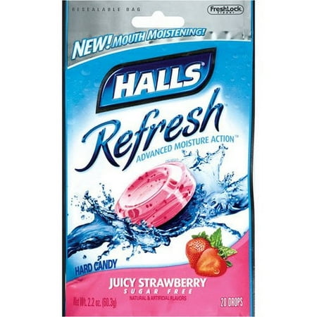 Halls Refresh Juicy Strawberry Sugar Free Hard Candy Drops, 20ct