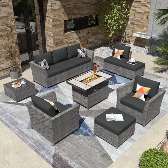 XIZZI Outdoor Furniture Patio Sets,No Assembly Required,10-Pieces Wicker Outdoor Sectional Sofa Set with Gas Fire Pit Table,Coffee Table for Balcony, Porch, Backyard-Black