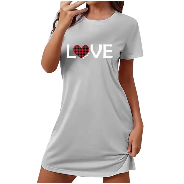 Pyjamas Chemises de Nuit pour Femmes Manches Courtes Chemises de Nuit pour Dormir Robe de Nuit Douce Mignonne Imprimée Robes de Nuit pour Femmes Vêtements de Nuit Robe de Pyjama Gris TTG