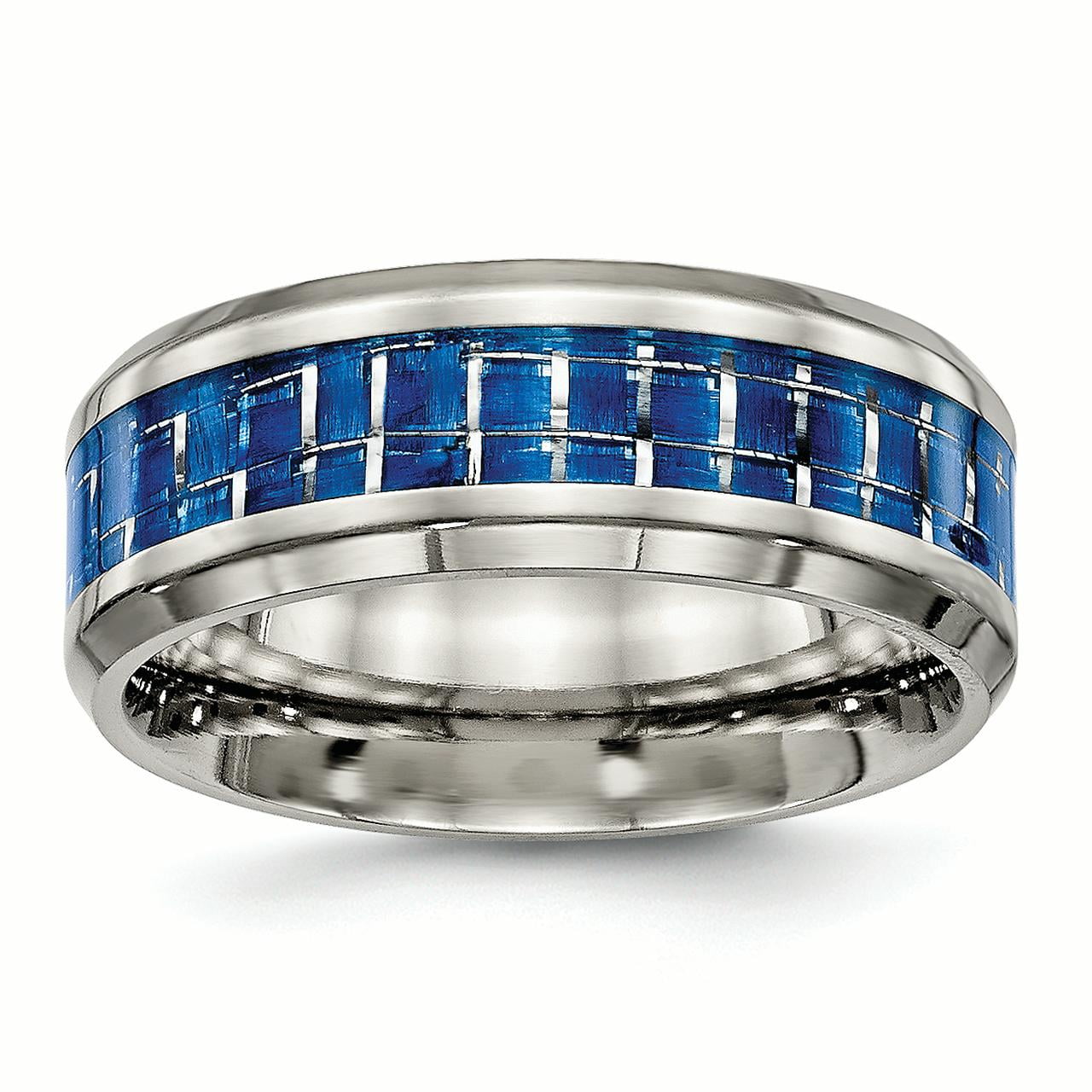 Jewelrypot Titanium Polished Blue/White Carbon Fiber Inlay Ring