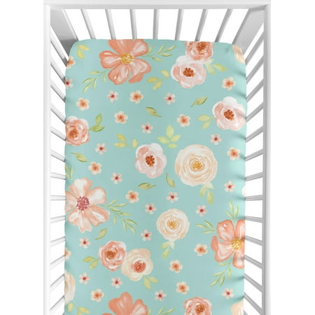 UPC: 0846480062547 | Watercolor Floral Turquoise and Peach Collection Crib Sheet