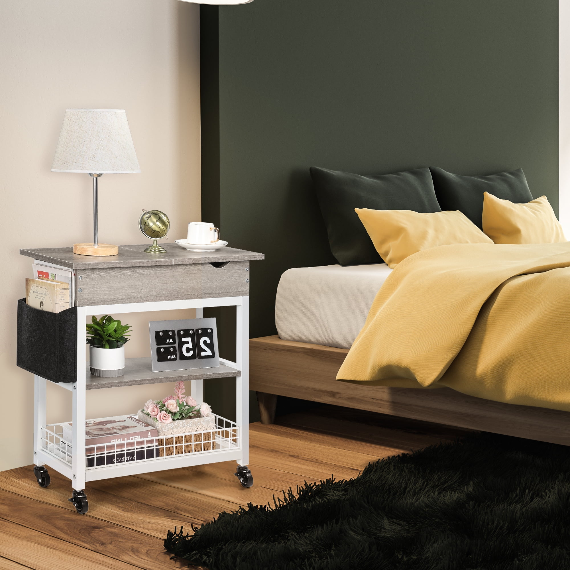 Side Table with Side Pocket Grid Basket, White