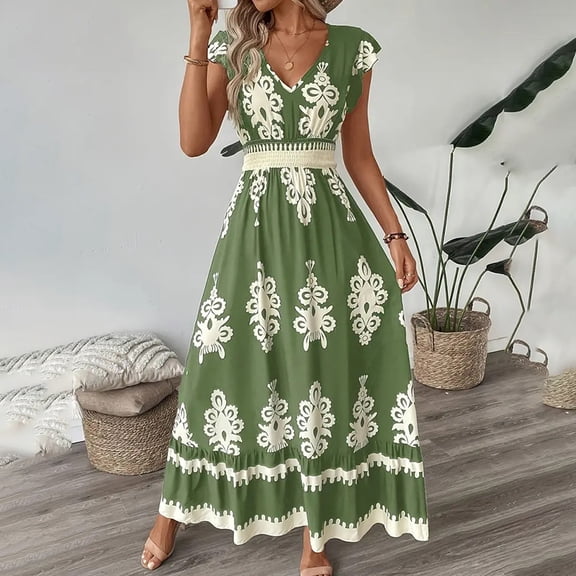 MORTTIC Women's Floral Print V-Neck Maxi Dress with Short Sleeves & Smocked Waist Flowy Summer Beach Dress Green，S