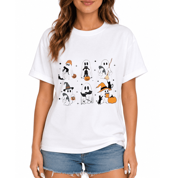 Women's Ghost Pumpkin Cat Halloween Graphic T-Shirt, Fall Party Casual Short Sleeve Tee