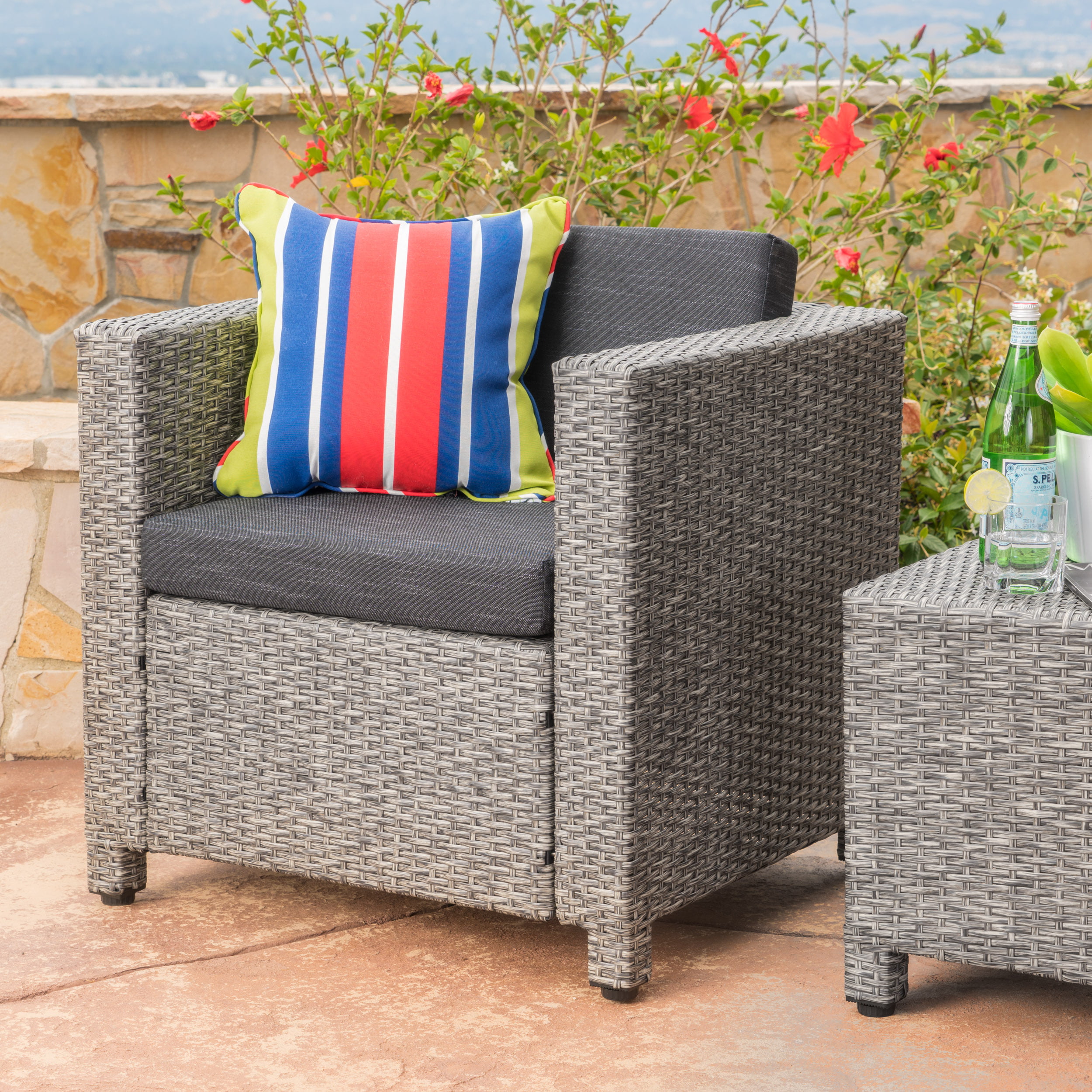 Cascada Outdoor Wicker Club Chair with Cushions, Mixed Black, Dark Grey