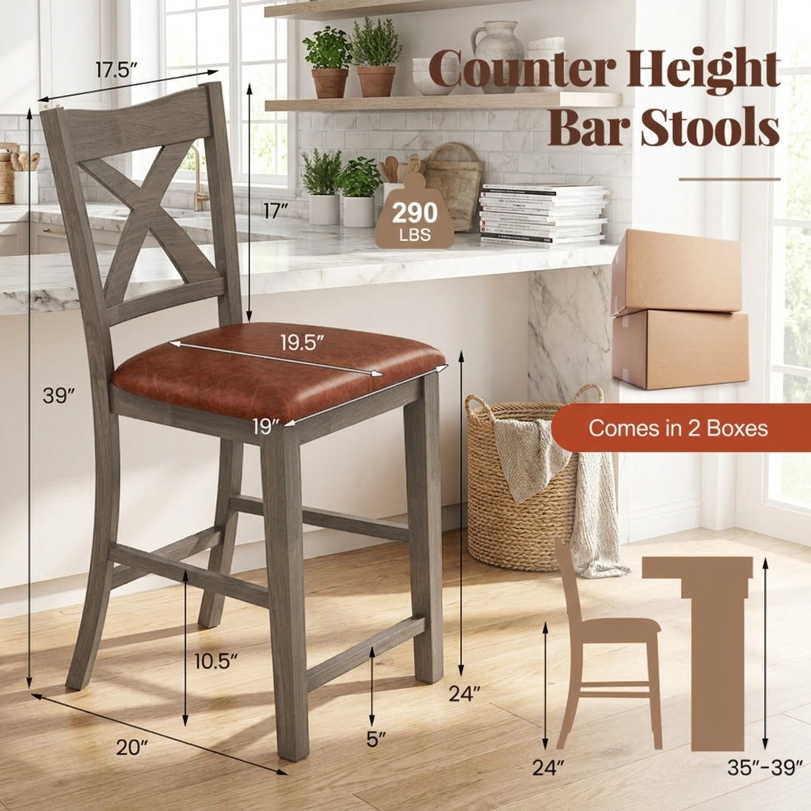 Furnibear Bar Stools Set of 2 with Cross Back and Faux Leather Upholstered Seat