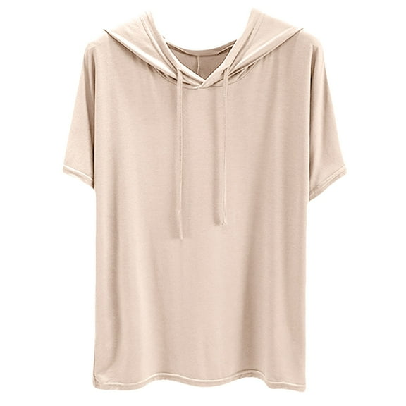 Holzkary Women's Short Sleeve Plain Hoodie Fashionable Sweatshirt with Hood Loose Comfortable Blouse Classic Tops Sports Summer Shirts Solid Color Sweatshirt Thin Loose Fitting Base Shirt Beige L