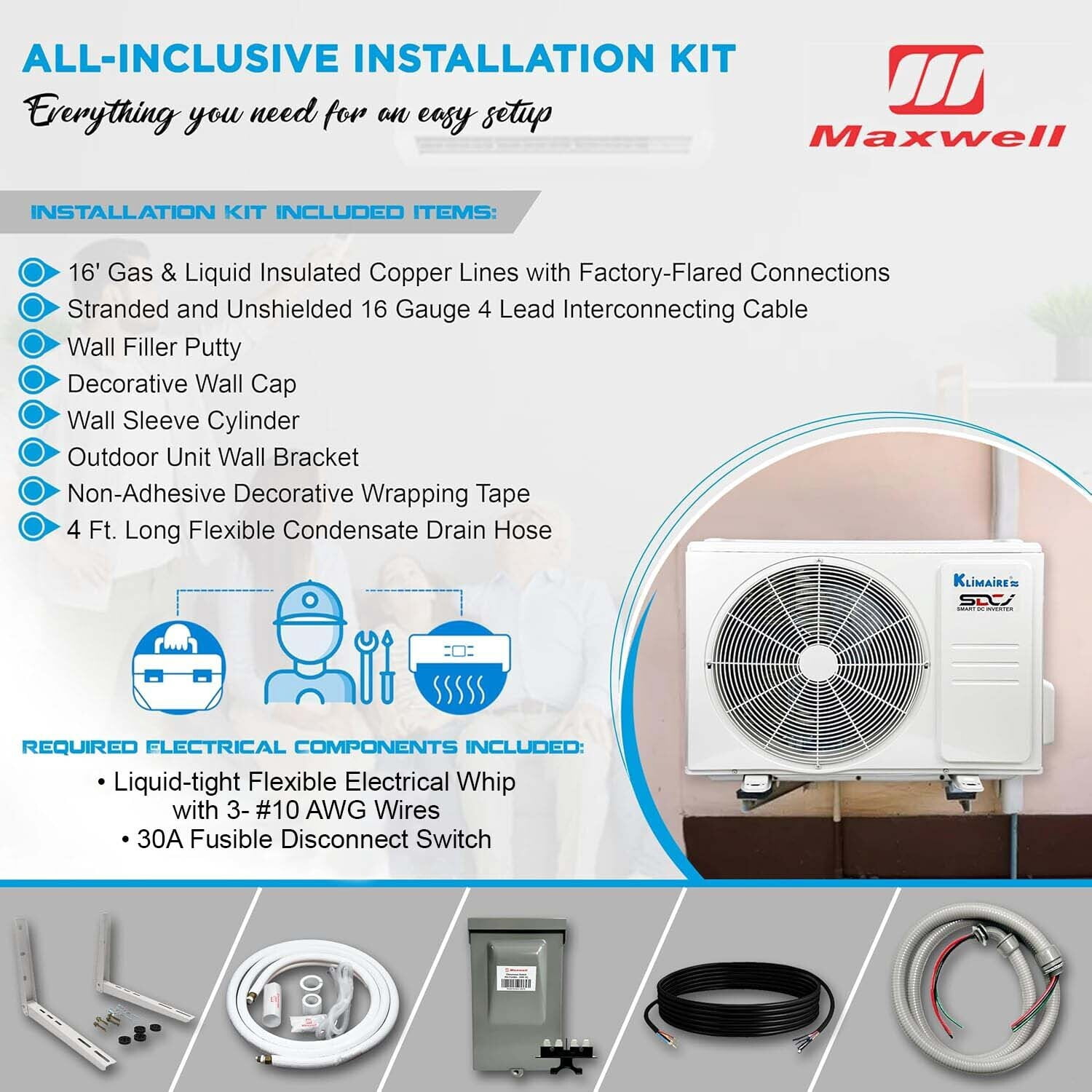 Klimaire 12,000 BTU 20.8 SEER2 Ductless Mini-Split Heat Pump Air Conditioner with Installation Kit, Up to 550 Sq. Ft.