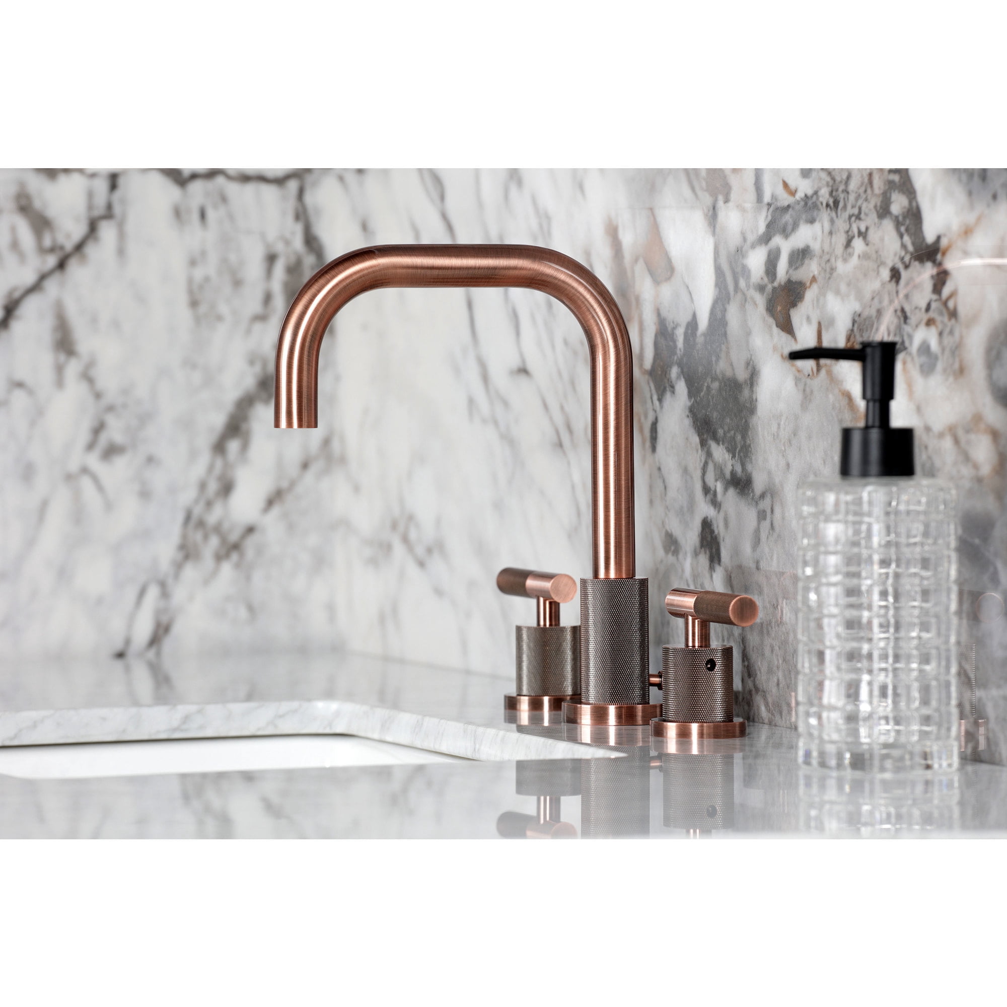 Kingston Brass FSC893KNLAC Convergent Two-Handle 3-Hole Deck Mount Widespread Bathroom Faucet with Knurled Handle and Brass Pop-Up in Antique Copper