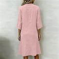 thumbnail image 3 of Ohufall Dress Women Cotton Linen Button V Neck 3/4 Sleeve Midi Dress Pocket Pleated Solid Color Fashion Dresses, 3 of 4