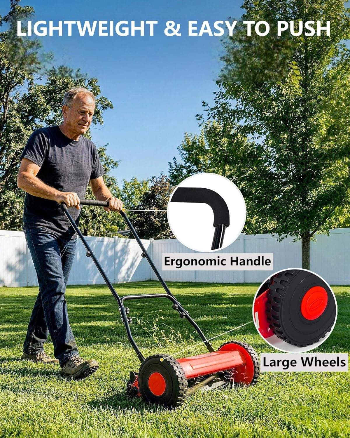 14" Hand Push Lawn Mower, 5-Blade Manual Lawnmower with Adjustable Cutting Height, Push Reel Lawn Mower for Small to Medium Yards, Manual Walk-Behind Lawn Mower for Quiet Eco-Friendly Mowing