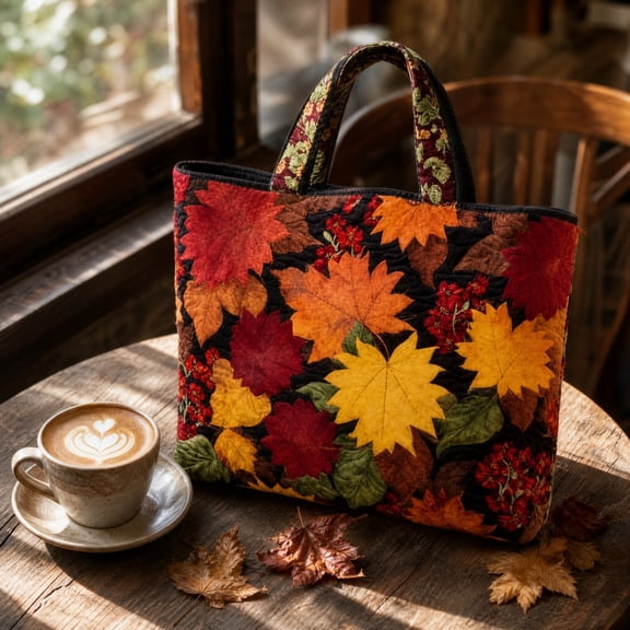 Halloween Tote Bag, Quilted Maple Leaf Print Shoulder Bag Large Capacity Fall Handbag Wear Resistant Everyday Carry for Work Shopping Thanksgiving Halloween Travel