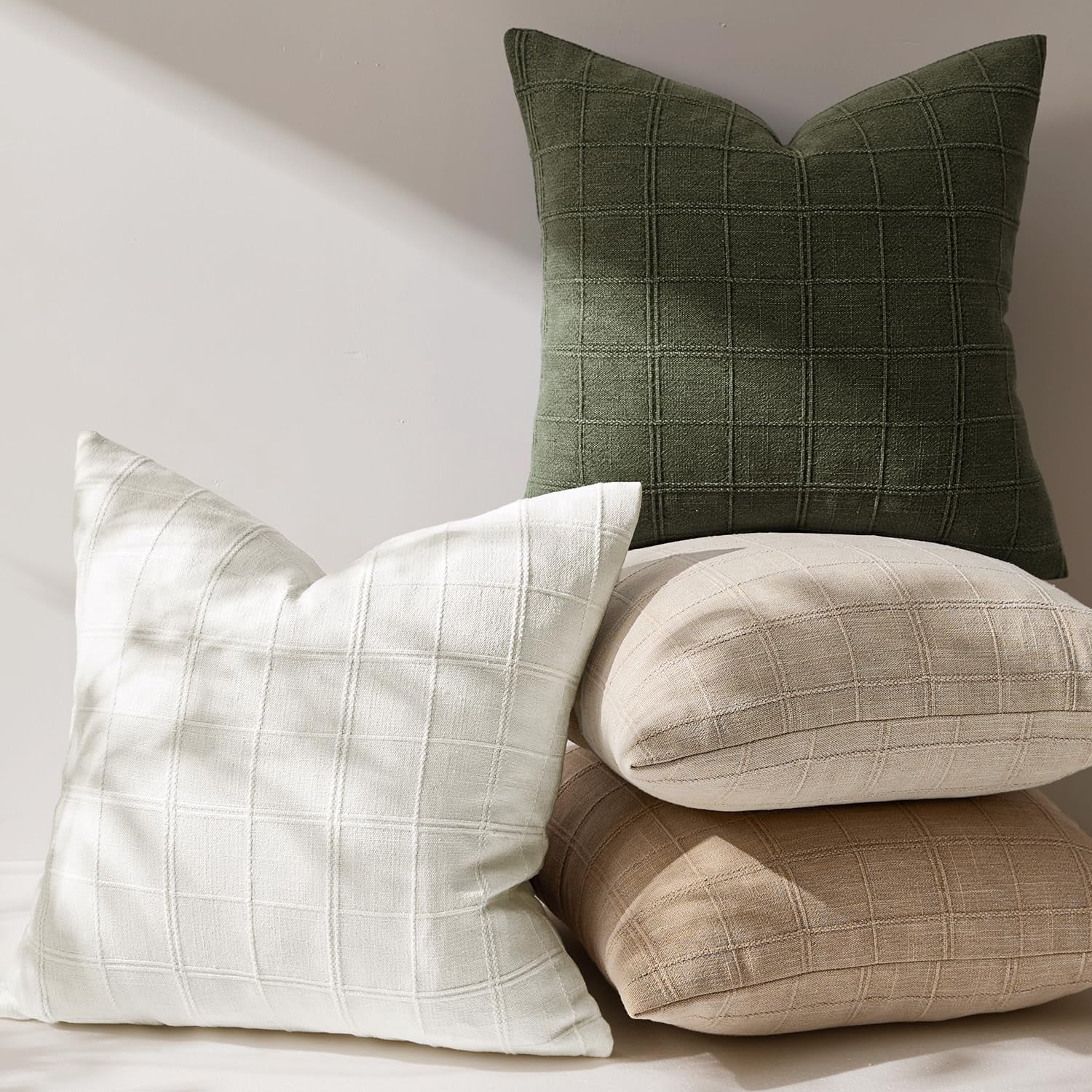 Linen Check Throw Pillow Covers Set of 2 - Natural Beige Farmhouse Modern Boho Vintage Decorative Cushion Covers for Sofa Couch Bedroom Living Room Decor（no pillow inset）