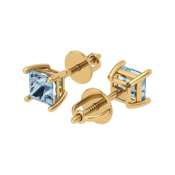 1 Ct Princess Cut Studs Blue Natural Aquamarine 14K Yellow Solid Solid Gold Everyday Dainty Earrings Screw Back