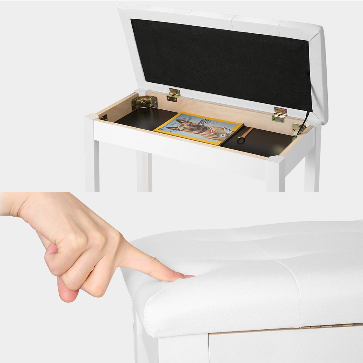 AODSK Duet Piano Bench with Storage, Padded Cushion for Piano Keyboard Seat, Soild Wood Leg Bench Stool Chair -White