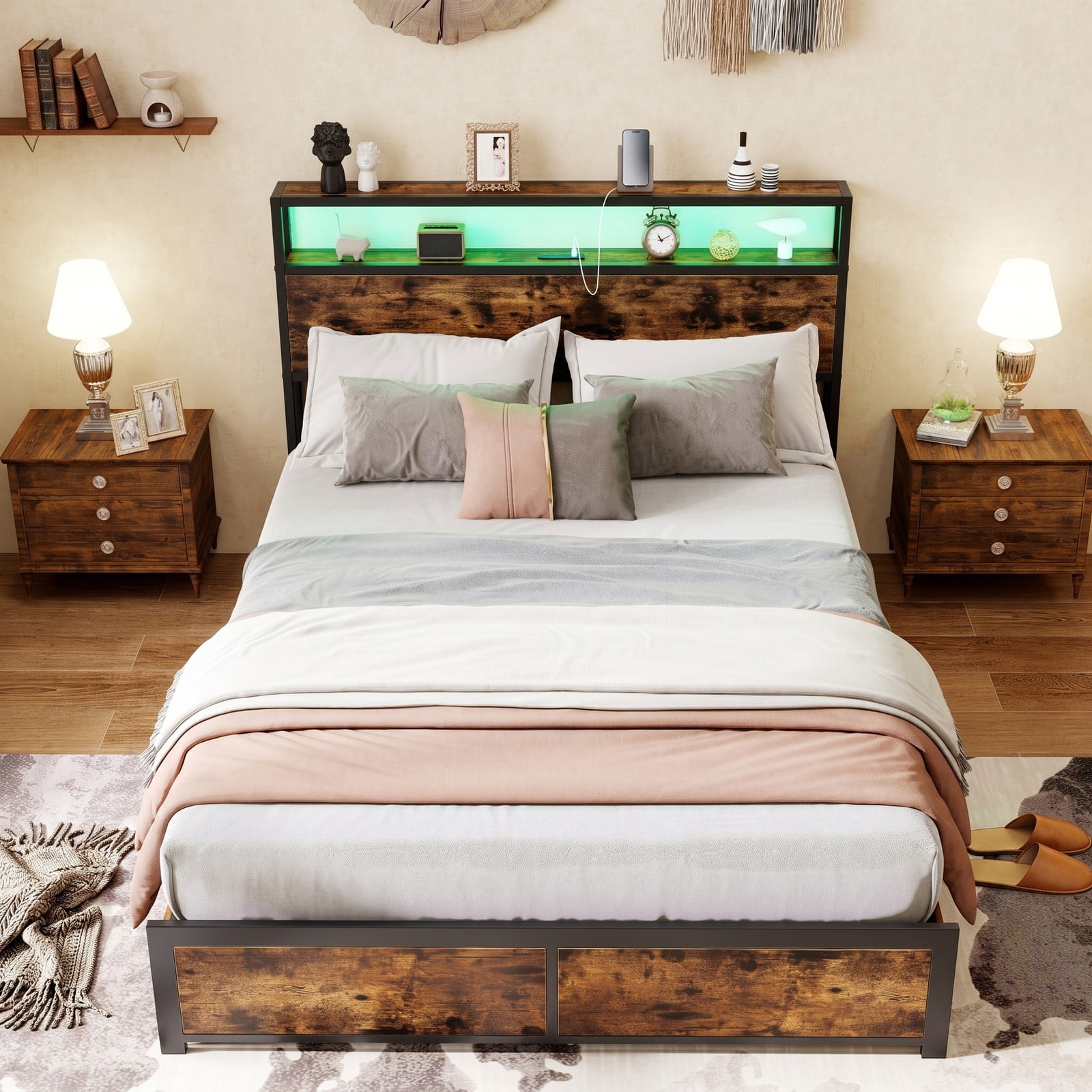 Furnibear Queen Bed Frame with Storage, Metal Platform Bed with 4 Drawers, LED Lights and 2-Tier Storage Headboard, Rustic Brown