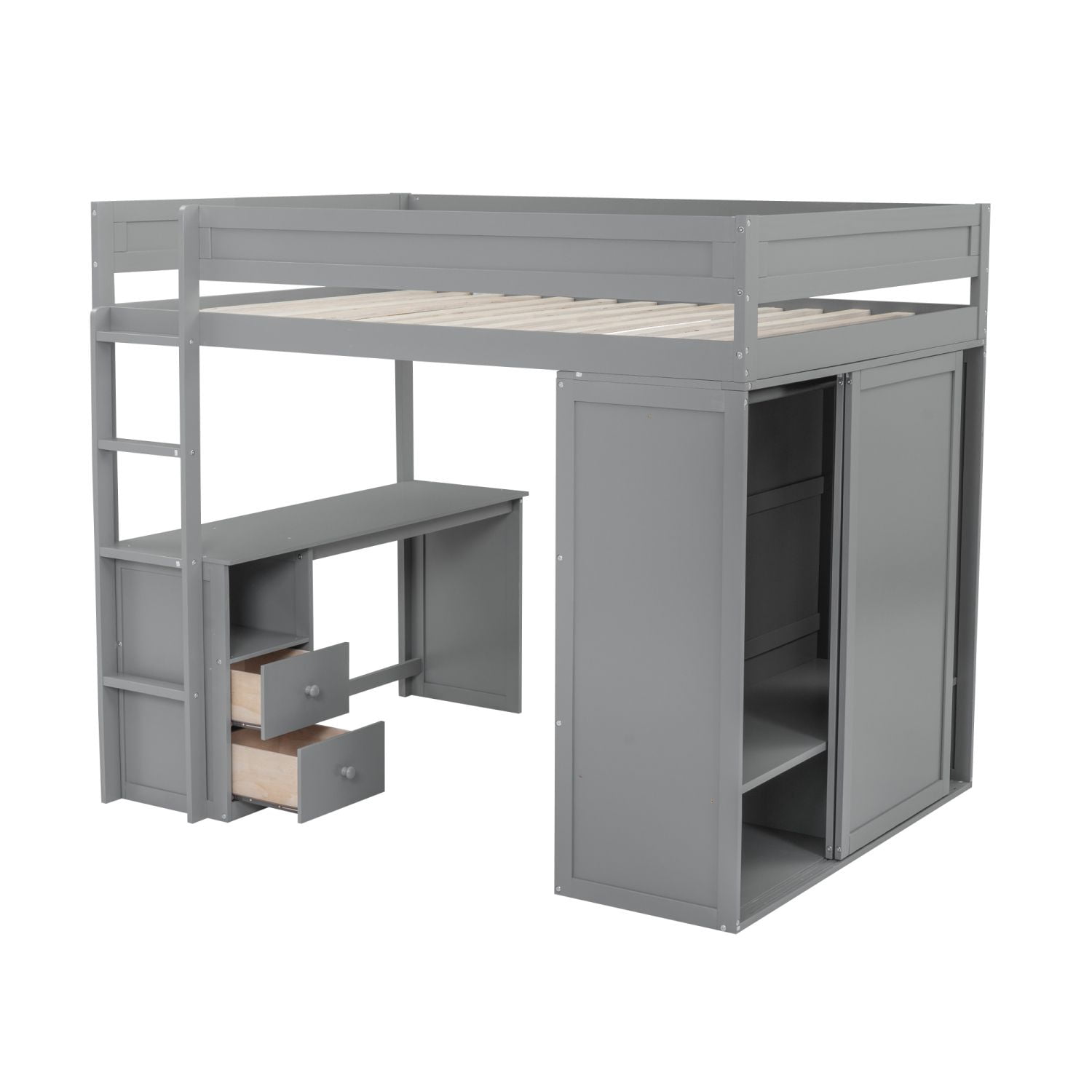 Asteroutdoor Wood Full Size Loft Bed with Wardrobes, 2-Drawer Desk, and Cabinet, Gray, 78.4 in L x 56 in W x 65 in H