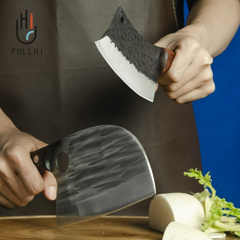 FULLHI Portable 14/15pcs Butcher knife set cleaver green woodhandle with  bag Hand Forged chef knife Boning Knife High Carbon Steel viking knife set