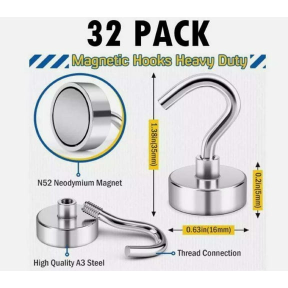 32pcs Heavy Duty Magnetic Hooks 28lbs Strength Super Strong Hooks For Hanging Tools, Kitchen, Garden, Garage, Pantry, Retail Office and more