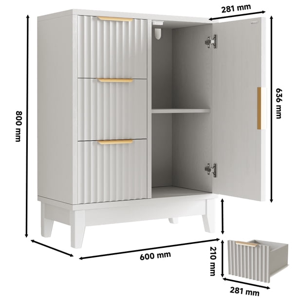Bathroom Cabinet 3 Drawers Floor Standing Storage Cabinet Single Door Wooden Cabinet Elevated Legs Side Cabinet Organizer Door Cabinet for Bathroom Shower Room Bedroom Home White