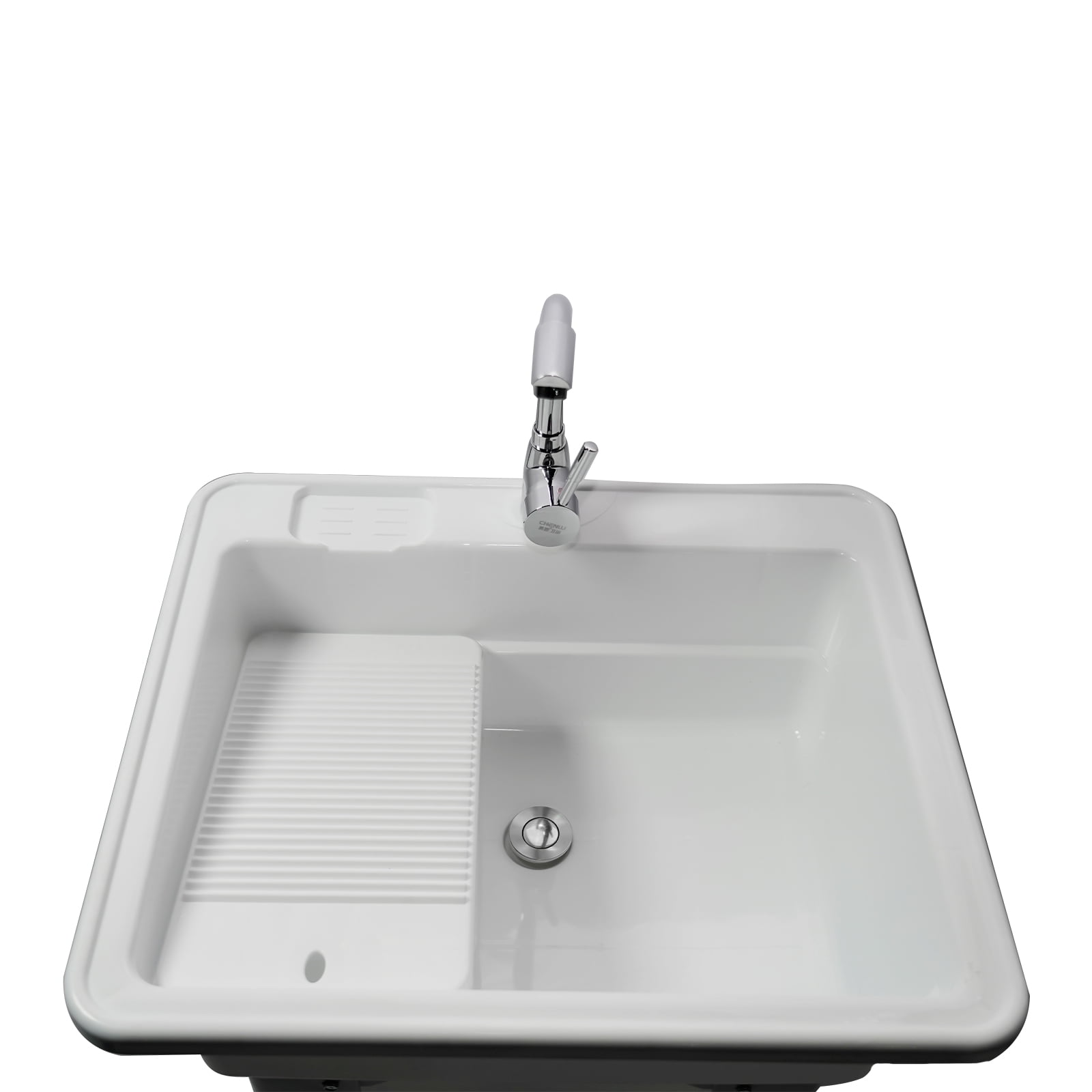 Freestanding Plastic Utility Sink Laundry Tub outdoor sink Drop in Deep sink kit with Inlet and Drain Pipe with Hot&Cold Faucet,Basement for Laundry Room&Garage or Shop,Size:25.59*21.65*31.5in(white)