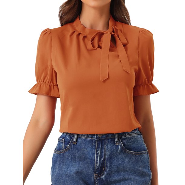 Top Elegante De BluDe ManCorDe OficiDe Las Camisas Del Cuello De PajariDe Las Mujeres Caramelo XL