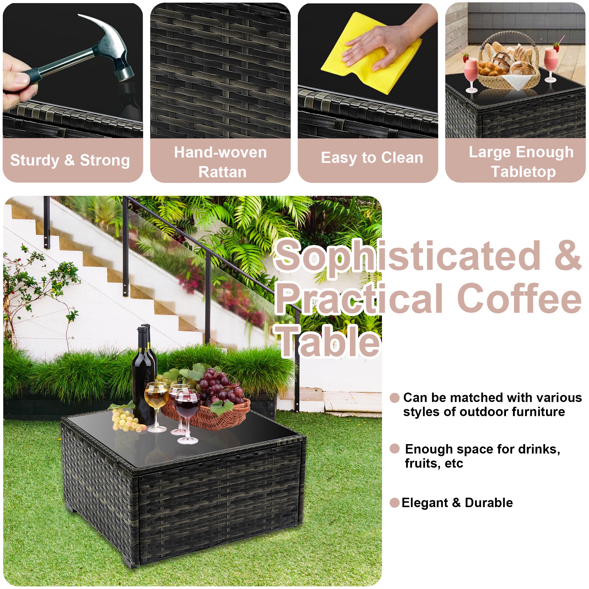 7 Pcs Patio Sofa Couch Sets, Brown Rattan Outdoor Sectional Furniture with Beige Cushions and Coffee Table, Patio Seating Sets for Garden Deck Backyard