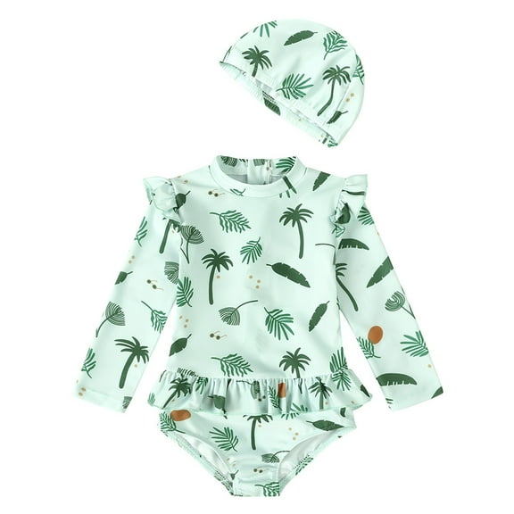 RUTAYY Toddler Kids Baby Girl Swimsuit Floral Long Sleeve Monokini One-Piece Swimwear With Hat Beach Vacation Boho Beachwear, 5-6 Years